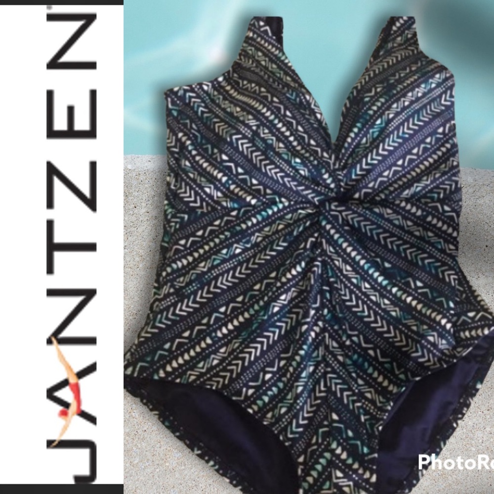NWT JANTZEN MARE.BLUE WHITE TURQUOISE AZTEC TWIST FRONT ONE PIECE SWIMSUIT SZ 14